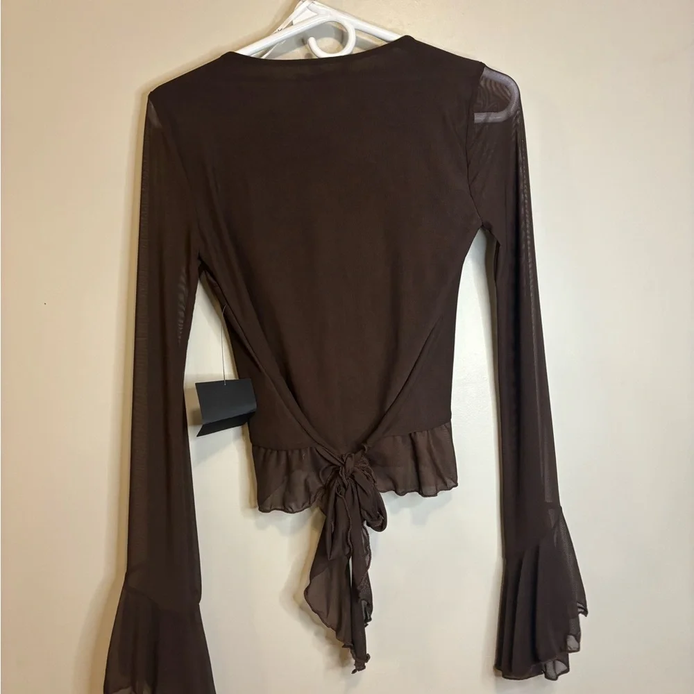 Lulu's Chocolate Ruffle Tie-Front Blouse - Picture 5 of 5